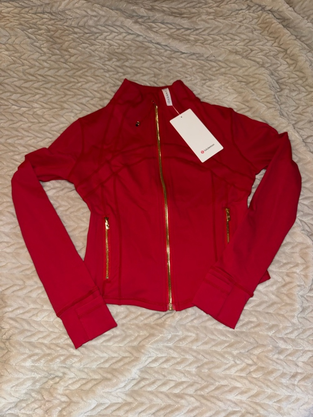 lululemon athletica Women's Bright Red Bomber Jacket with Gold Zippers